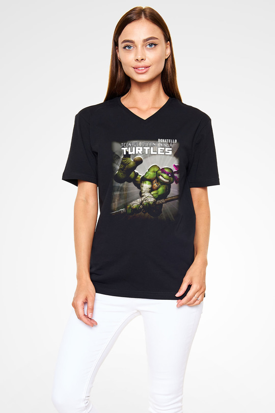 Teenage Mutant Ninja Turtles Ninja Kaplumbağalar Siyah Unisex V Yaka Tişört