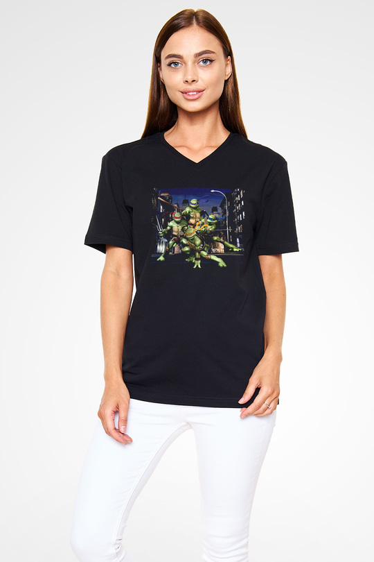 Teenage Mutant Ninja Turtles Ninja Kaplumbağalar Siyah Unisex  V Yaka Tişört