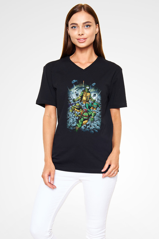 Teenage Mutant Ninja Turtles Ninja Kaplumbağalar Siyah Unisex V Yaka Tişört