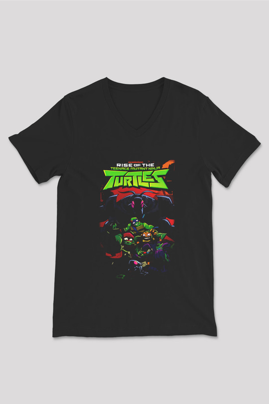 Teenage Mutant Ninja Turtles Ninja Kaplumbağalar Siyah Unisex V Yaka Tişört