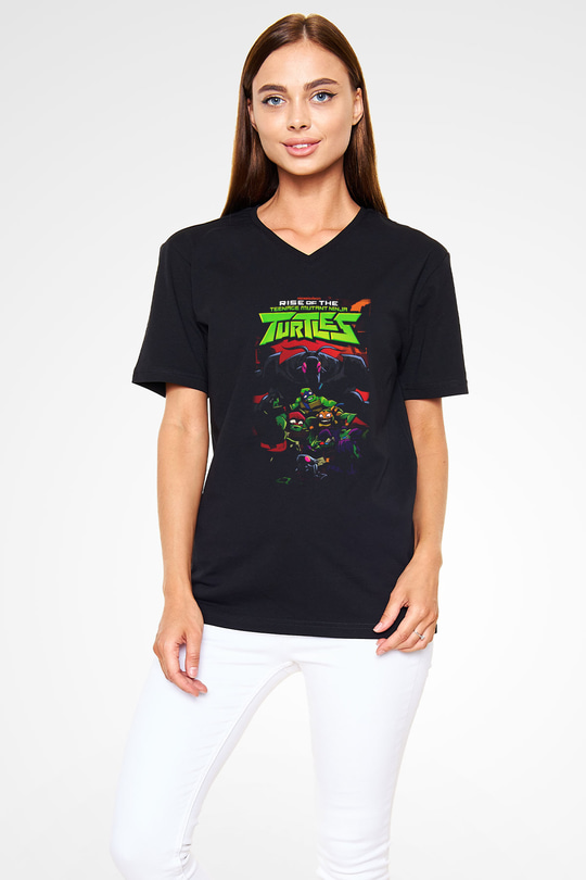 Teenage Mutant Ninja Turtles Ninja Kaplumbağalar Siyah Unisex V Yaka Tişört