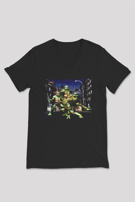 Teenage Mutant Ninja Turtles Ninja Kaplumbağalar Siyah Unisex  V Yaka Tişört