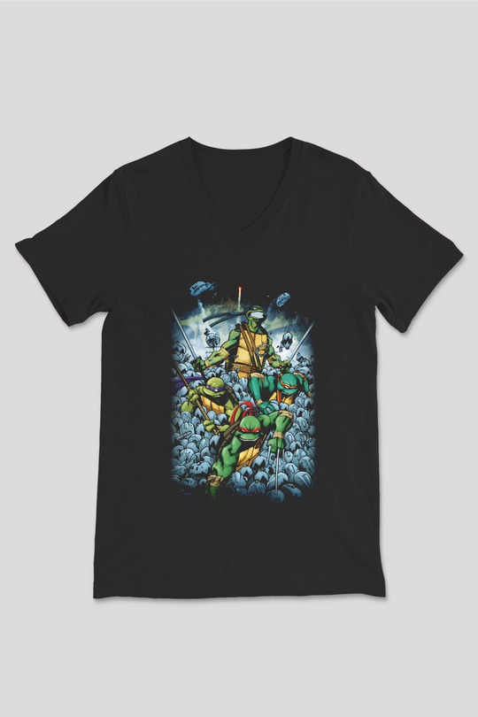 Teenage Mutant Ninja Turtles Ninja Kaplumbağalar Siyah Unisex V Yaka Tişört