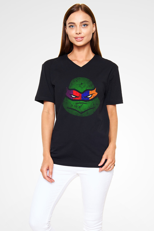 Teenage Mutant Ninja Turtles Ninja Kaplumbağalar Siyah Unisex V Yaka Tişört