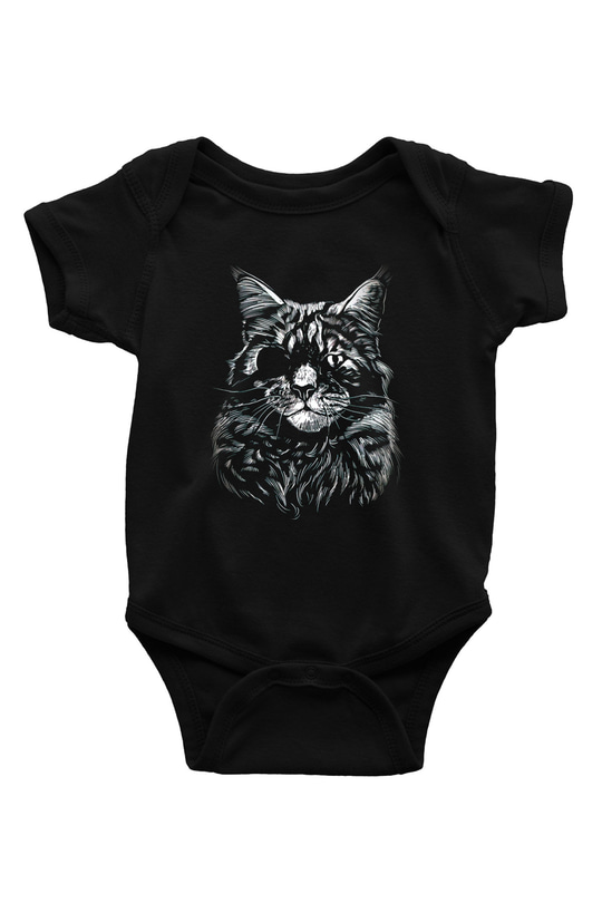 Tek Gözlü Kedi BaskılıSiyah  Bebek Body - Zıbın