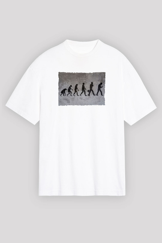Telefona Evrim Baskılı Unisex Oversize Beyaz Tişört - Tshirt