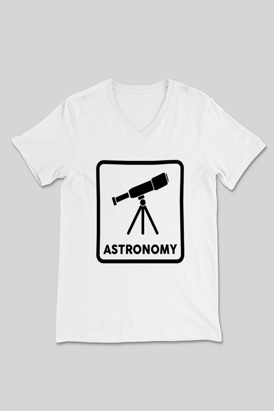 Teleskop Baskılı Unisex V Yaka Beyaz Tişört - Tshirt
