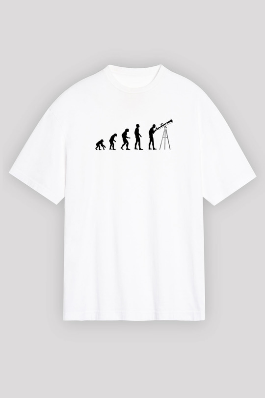 Teleskop Evrim Baskılı Unisex Oversize Beyaz Tişört - Tshirt