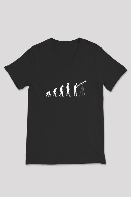 Teleskop Evrim Baskılı Unisex V Yaka Siyah Tİşört - Tshirt