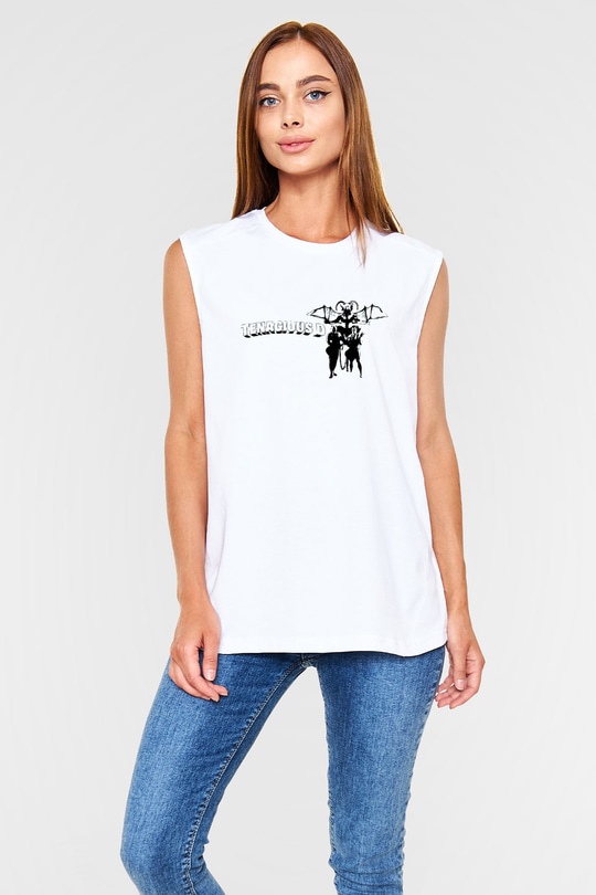Teracious D Baskılı Beyaz Unisex Kolsuz Tişört - Tshirt