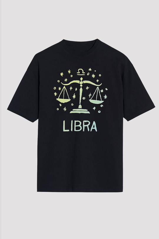 Terazi Burcu Baskılı Unisex Siyah Oversize Tişört - Tshirt