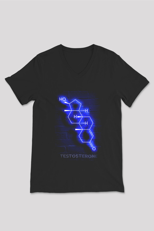 Testosteron Molekülü Neon Baskılı Unisex V Yaka Siyah Tİşört - Tshirt