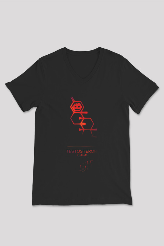Testosterone Molekülü Baskılı Unisex V Yaka Siyah Tİşört - Tshirt