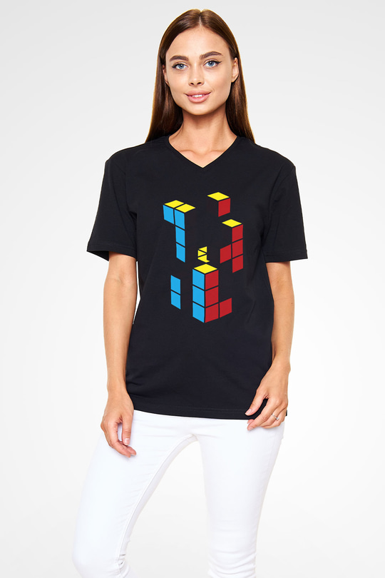Tetris Siyah Unisex  V Yaka Tişört