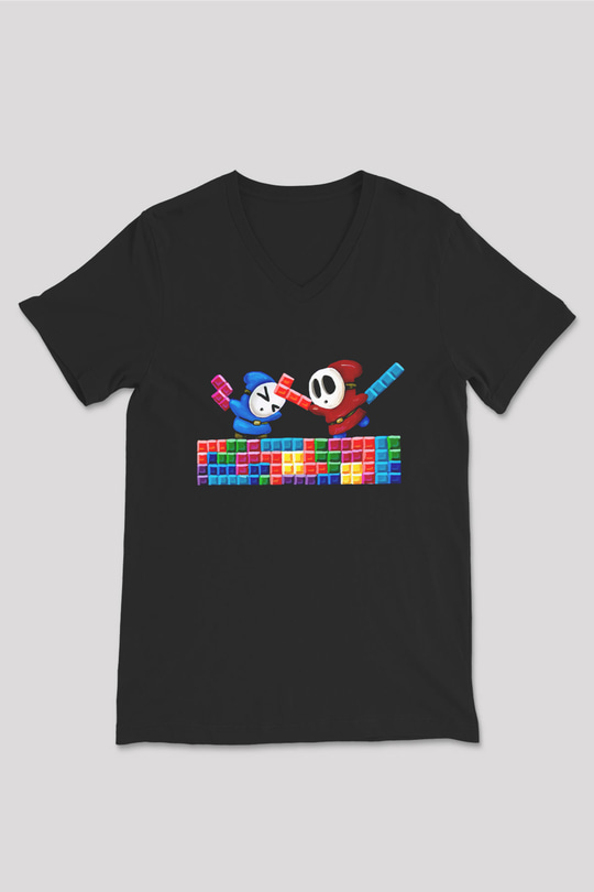 Tetris Siyah Unisex  V Yaka Tişört