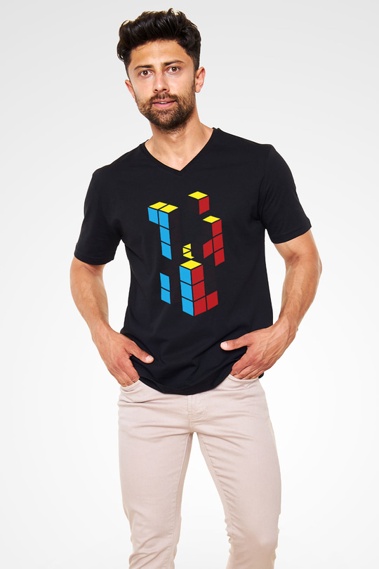 Tetris Siyah Unisex  V Yaka Tişört