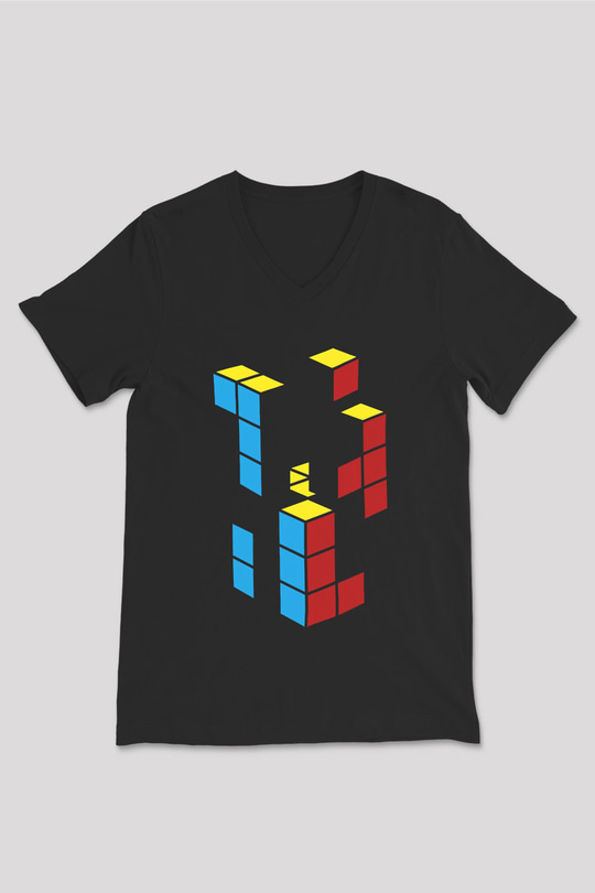 Tetris Siyah Unisex  V Yaka Tişört