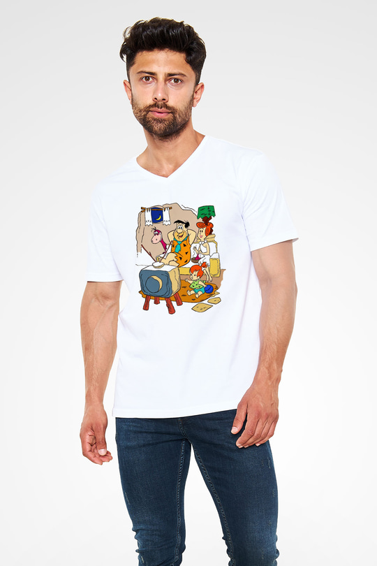 The Flintstones Taş Devri Beyaz Unisex V Yaka Tişört