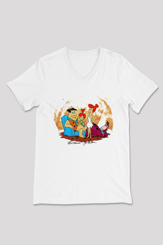 The Flintstones Taş Devri Beyaz Unisex V Yaka Tişört