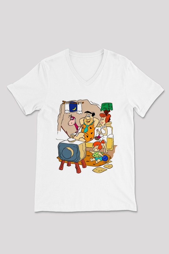The Flintstones Taş Devri Beyaz Unisex V Yaka Tişört
