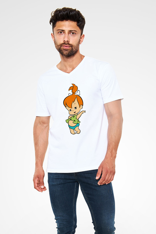 The Flintstones Taş Devri Beyaz Unisex V Yaka Tişört