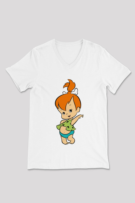 The Flintstones Taş Devri Beyaz Unisex V Yaka Tişört