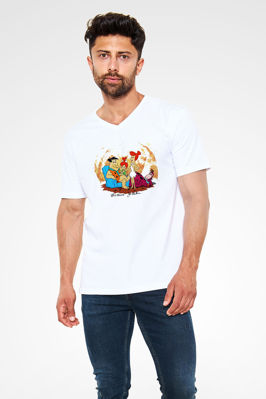 The Flintstones Taş Devri Beyaz Unisex V Yaka Tişört