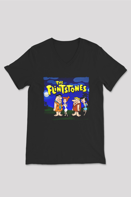 The Flintstones Taş Devri Siyah Unisex  V Yaka Tişört