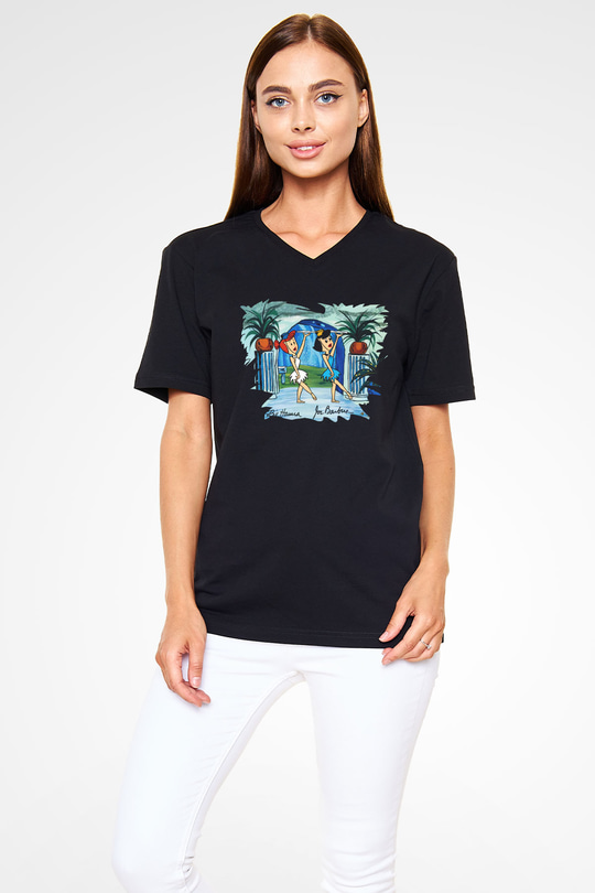The Flintstones Taş Devri Siyah Unisex V Yaka Tişört