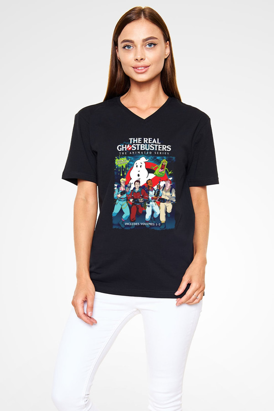 The Real Ghostbusters Hayalet Avcıları Siyah Unisex  V Yaka Tişört