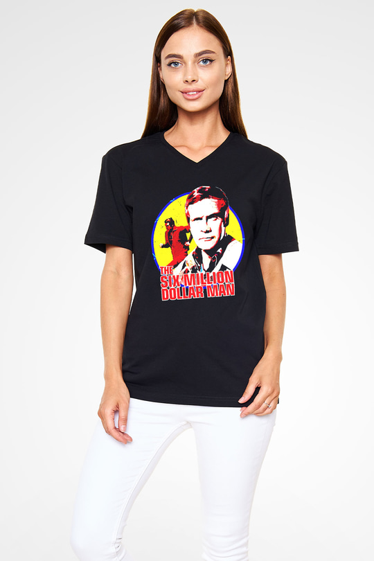 The Six Million Man Dollar Siyah Unisex  V Yaka Tişört