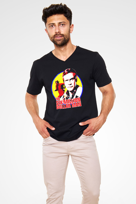 The Six Million Man Dollar Siyah Unisex  V Yaka Tişört