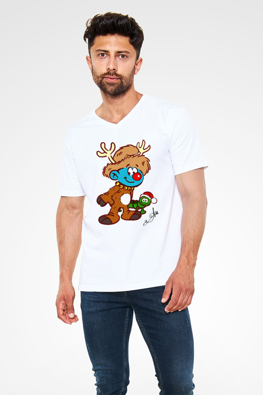 The Smurfs Şirinler Beyaz Unisex V Yaka Tişört