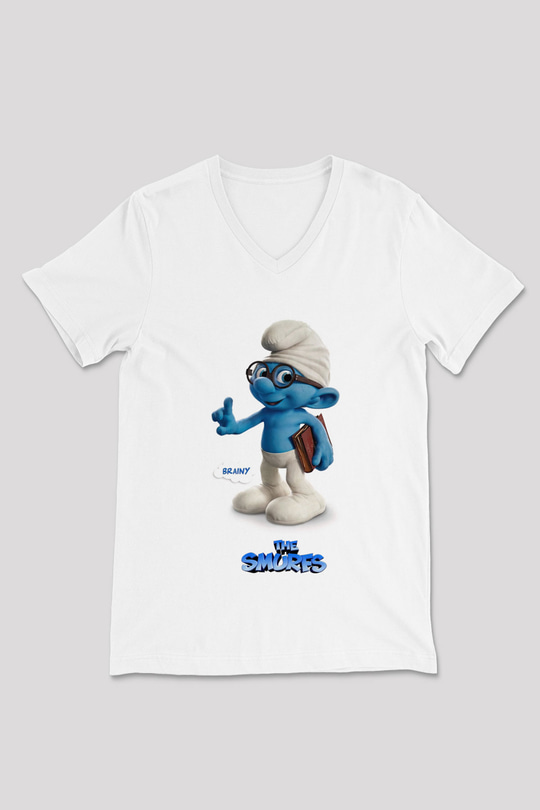 The Smurfs Şirinler Beyaz Unisex V Yaka Tişört