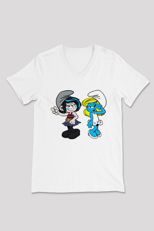 The Smurfs Şirinler Beyaz Unisex V Yaka Tişört