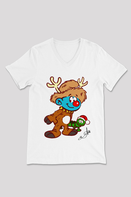 The Smurfs Şirinler Beyaz Unisex V Yaka Tişört