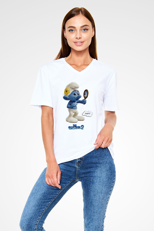 The Smurfs Şirinler Beyaz Unisex V Yaka Tişört