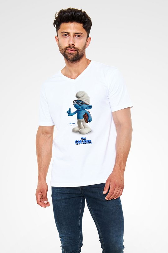 The Smurfs Şirinler Beyaz Unisex V Yaka Tişört