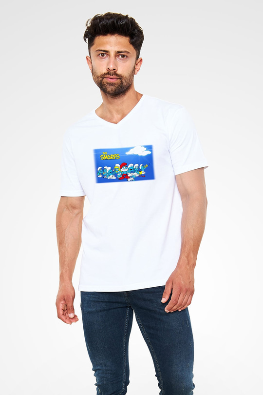 The Smurfs Şirinler Beyaz Unisex V Yaka Tişört