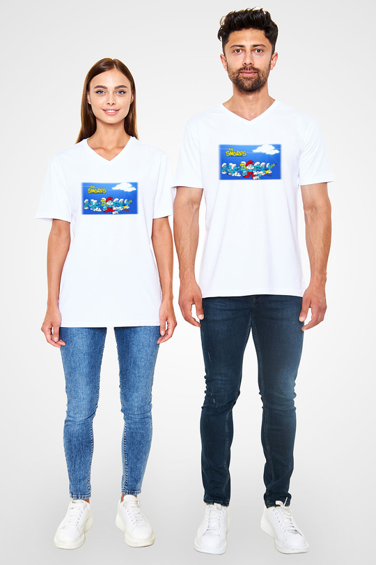 The Smurfs Şirinler Beyaz Unisex V Yaka Tişört