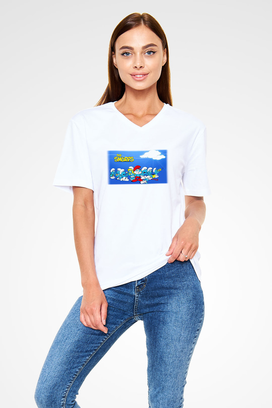 The Smurfs Şirinler Beyaz Unisex V Yaka Tişört