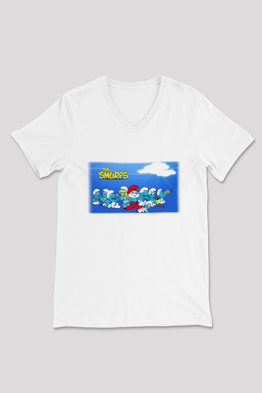The Smurfs Şirinler Beyaz Unisex V Yaka Tişört
