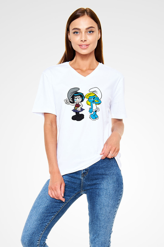 The Smurfs Şirinler Beyaz Unisex V Yaka Tişört