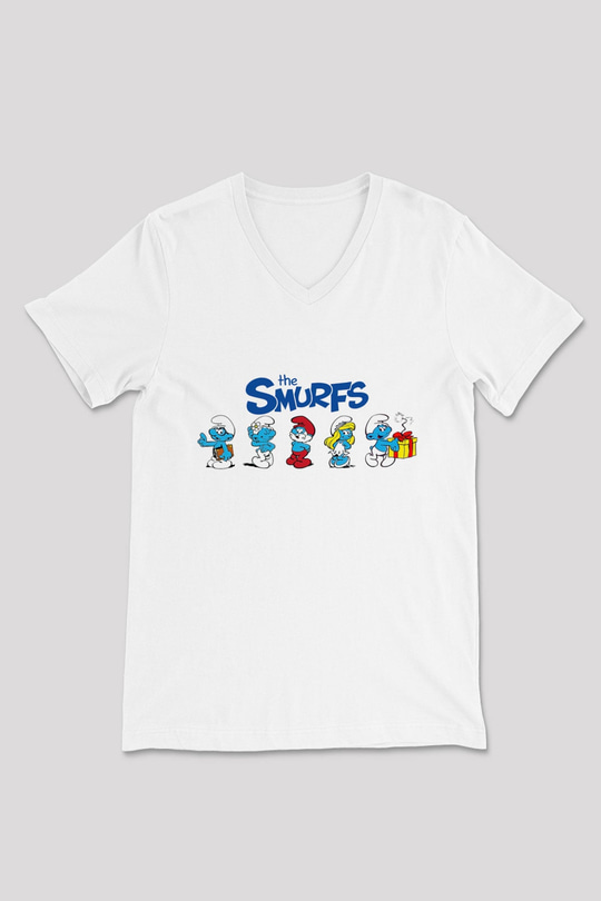 The Smurfs Şirinler Beyaz Unisex V Yaka Tişört