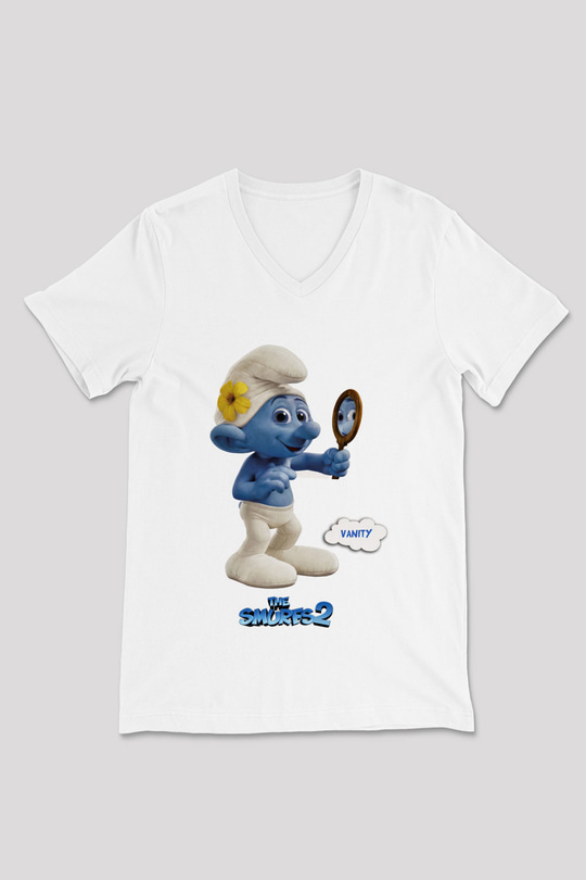 The Smurfs Şirinler Beyaz Unisex V Yaka Tişört