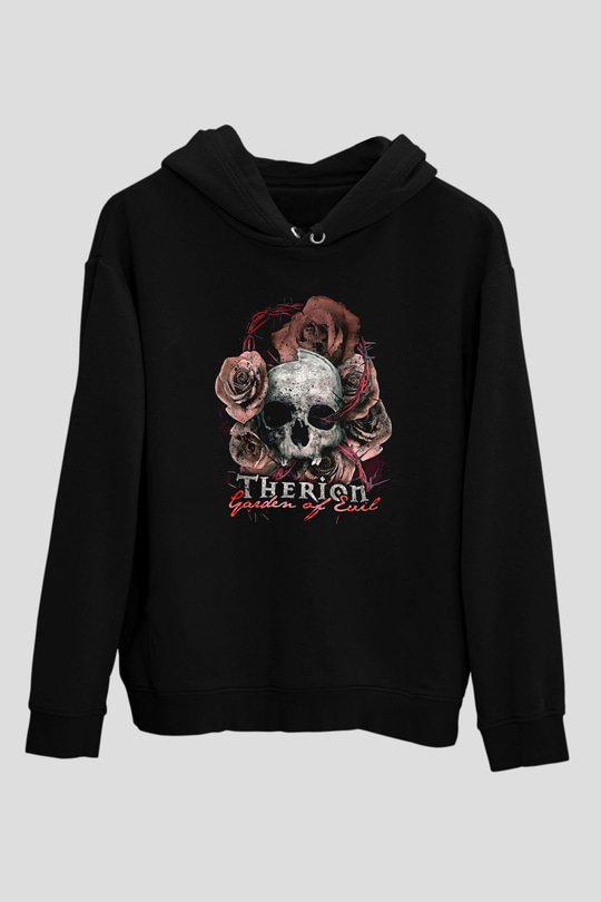 Therion Baskılı Unisex Siyah Kapüşonlu Sweatshirt
