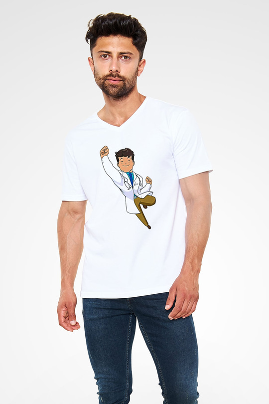 Tıp Bayramı Baskılı Beyaz Unisex V Yaka Tişört - Tshirt