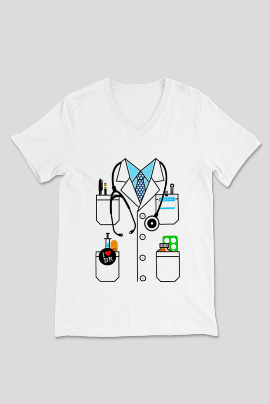 Tıp Bayramı Baskılı Beyaz Unisex V Yaka Tişört - Tshirt