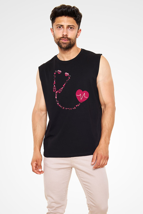 Tıp Bayramı Baskılı Unisex Siyah Kolsuz Tişört - Tshirt