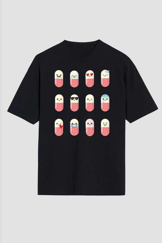 Tıp Bayramı Baskılı Unisex Siyah Oversize Tişört - Tshirt